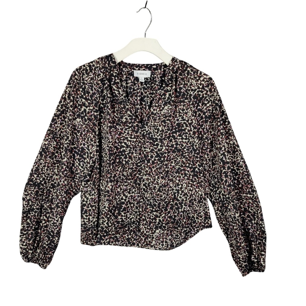 EVEREVE Womens Boho Chic Mob Wife Animal Leopard Blouse S Top Black Purple VNeck